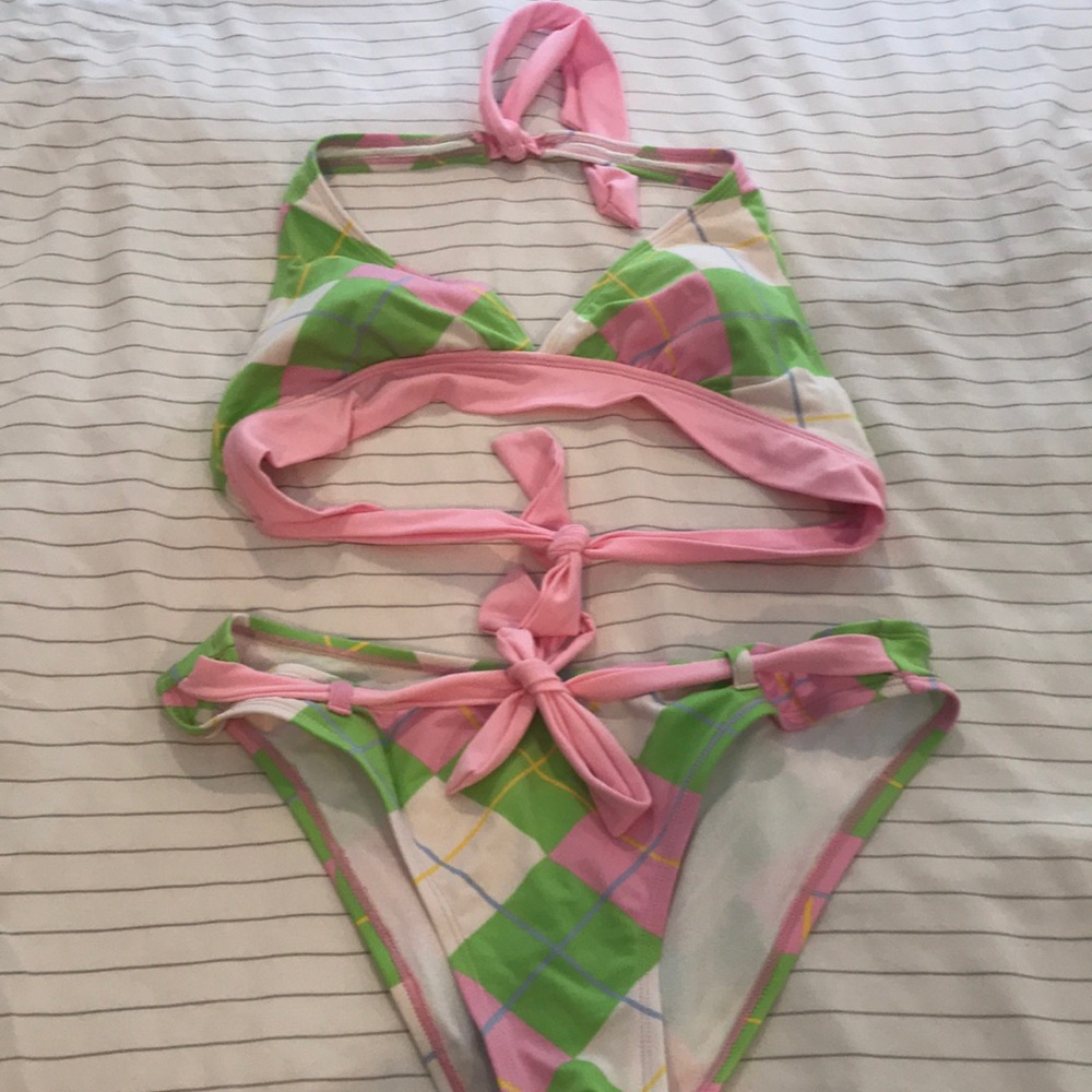 LEI pink & green plaid bikini
